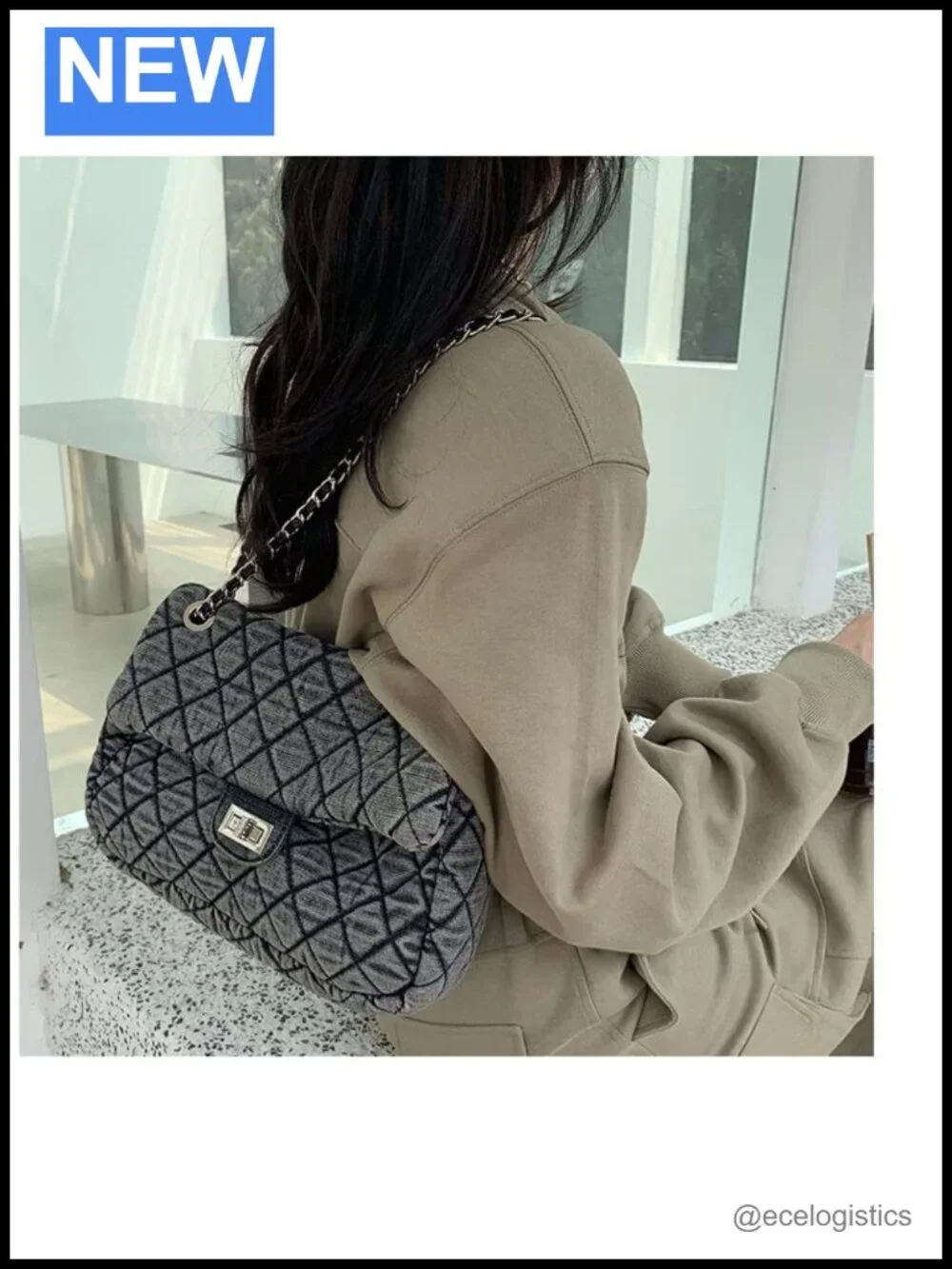 Washed Denim Quilted Tote Bag with Chain Strap